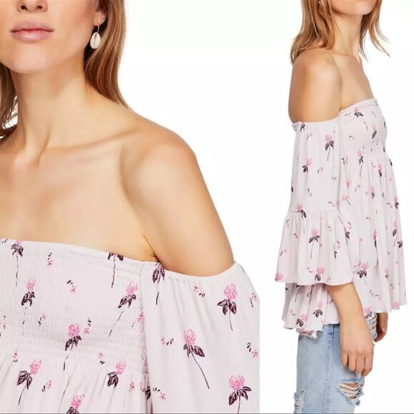 Free People Lana cloudberry, pink floral Rusching Off Shoulder Tunic NWOT large - Picture 2 of 15